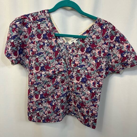 Madewell Puff Sleeve Top Mini Floral Seersucker V Neck Side Zip Short Sleeve 00 - Picture 2 of 6